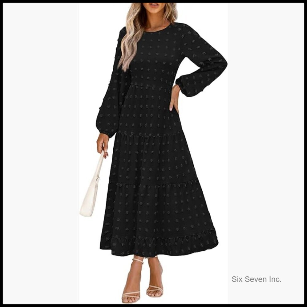 Swiss Dot Maxi Dress with Long Sleeves and Pockets
